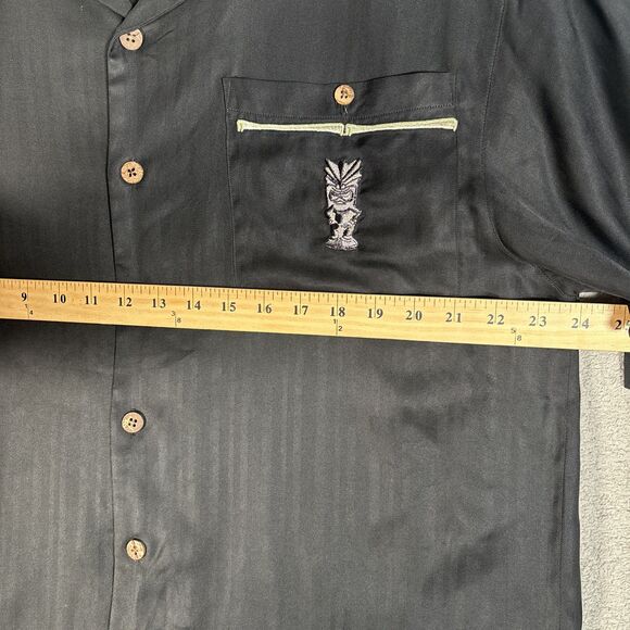 Club Tiki Button Down Shirt Men’s Size L Black Silk Hawaiian Pinup Embroidery - Picture 8 of 12
